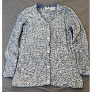 VTG EMOS COLLECTION Blue/White Cable Knit Silk Blend Tunic Cardigan Sweater SZ M
